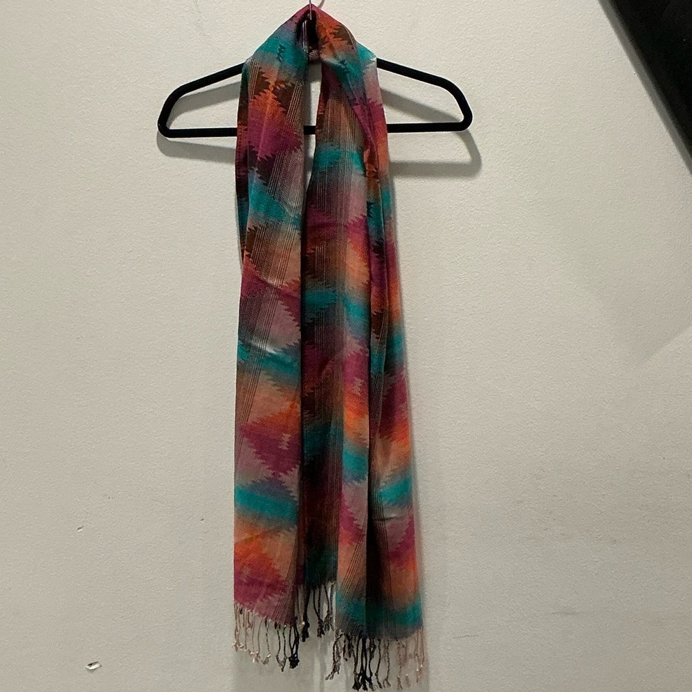 Multicolor Women’s Lightweight Fringe Spring Scarf 🧣- Teal, Orange & Pink - Picture 2 of 4